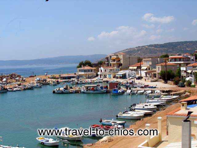 View of the small fishing boats port and the beach at Agia Ermioni in Chios island Greece CHIOS PHOTO GALLERY - AGIA ERMIONI