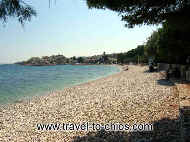 DASKALOPETRA BEACH - View of the great pebble beach of Daskalopetra (Homer's stone) in Chios island Greece