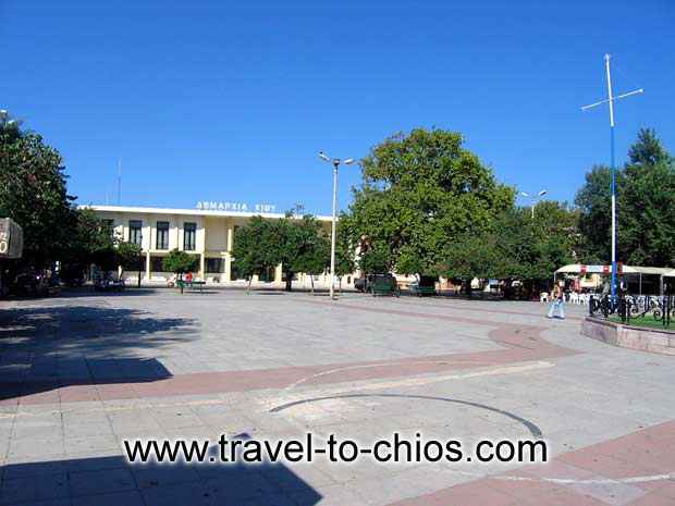 CHIOS HALLTOWN - View of the halltown and the square in front of it in Chora (Chios town) Greece